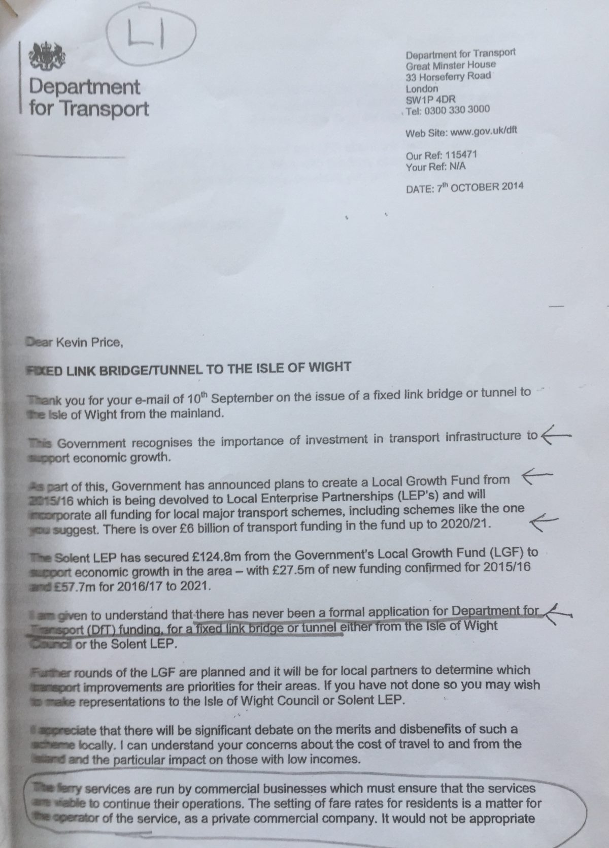 Initial letter from DfT